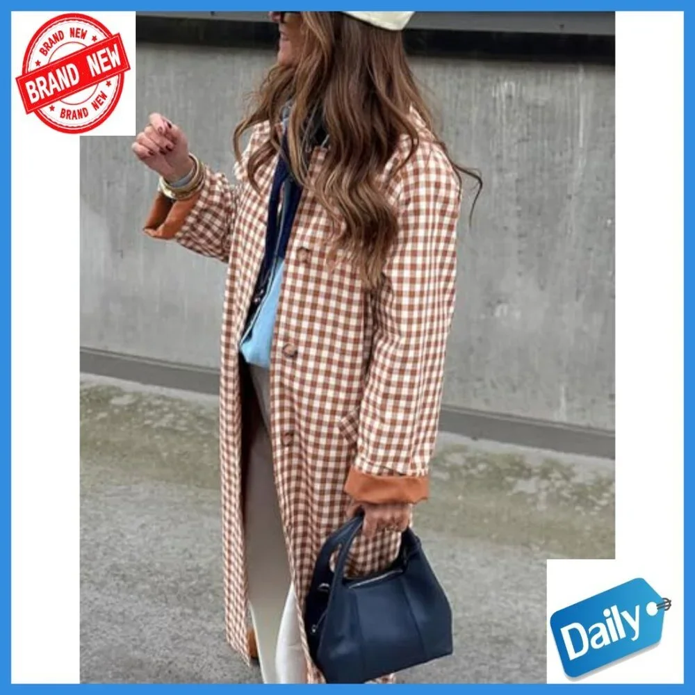 Women's Long Trench Coat Plaid Barn Jacket Single Breasted Casual Outerwear - Picture 6 of 7